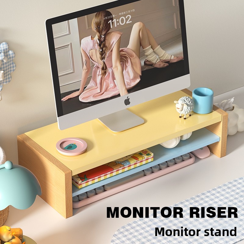 Desk Setup Workspace - حامل شاشة خشبي مع رف تخزين،
