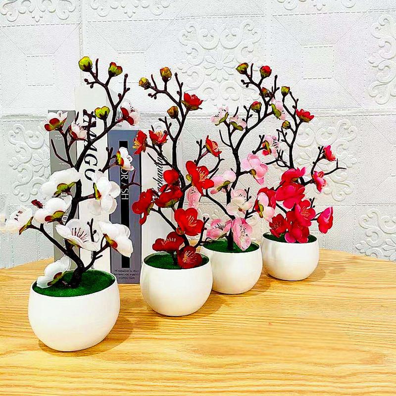 Desk Setup Plant - محاكاة زهرة البرقوق وعاء النبات البلاستيك