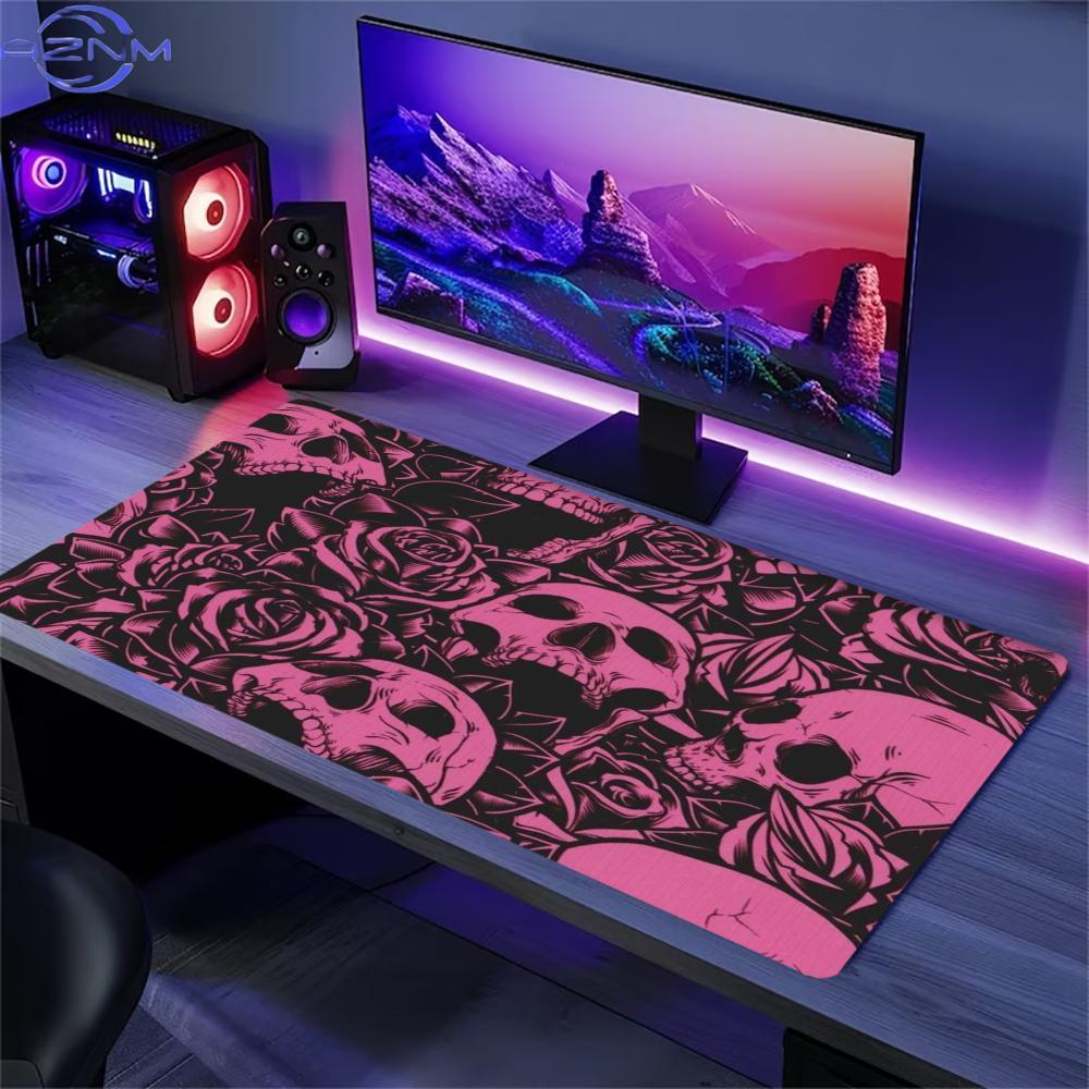 Desk Setup With Laptop - بساط مكتب ممتد بتصميم جمجمة وردية،